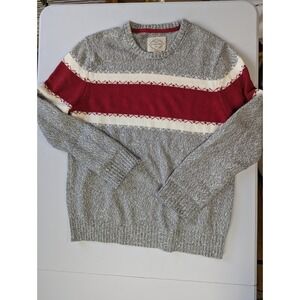 St Johns Bay Mens XL Crewneck Sweater Gray Red Stripe Cotton Blend Pullover